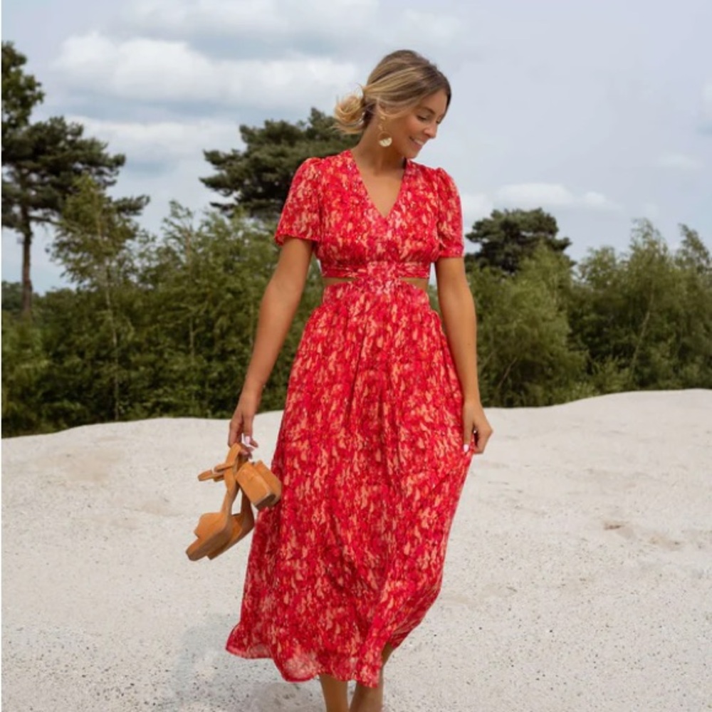 Red Floral V-Neck Maxi Dress